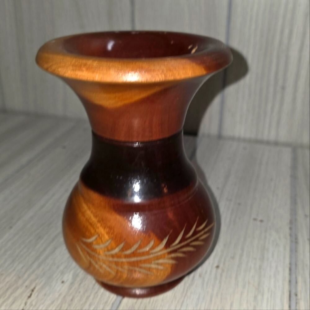 Vtg Turned Wood Vase Floral Handmade Sto Domingo RD Dominican Republic